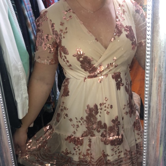 Rose Gold Catching Compliments Large Sequin Beige Dress Fair Concert Dress Boho - Picture 4 of 4